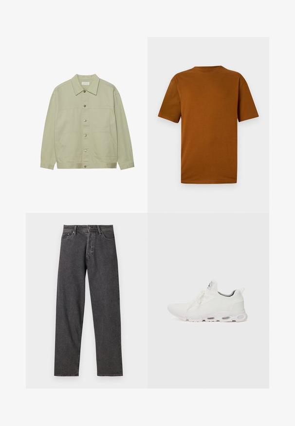 Hele roheline, nööbiga jope, mis on valmistatud puuvillast. Omab kahte ees olevat klapiga taskut ja klassikalist kraed. Tekstuuriga kangas, millel on sile viimistlus.; Lühikeste varrukatega t-särk põlenud oranžist puuvillast. Omab ümarat kaelaauku, vaba lõiget ning sileda tekstuuri ilma mustrite või kaunistusteta.; Mustad denim püksid sirge lõikega, viie tasku disainiga ja kergelt fadeeritud. Omavad nööpkinnitust ja vöökonte.; Valged sportijalatsid, millel on tekstuuriga kudum peal, lame paelad ja pehmendatud tallad nähtavate õhukambritega täiendava toe jaoks.