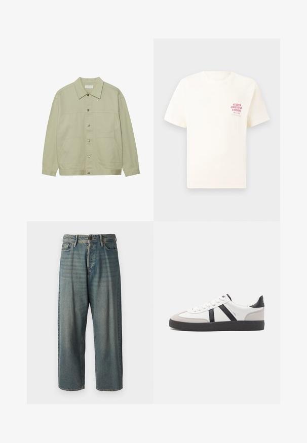 Light green, button-up jacket made of cotton. Features two front patch pockets and a classic collar. Textured fabric with a smooth finish.; White short-sleeve T-shirt with red text "Studio Originals Edition" on left chest, displayed on a neutral gray background.; Light blue denim jeans with a loose fit, mid-rise waist, and straight legs. Features five pockets, belt loops, and a button closure.; White sneaker with black and gray accents, featuring a textured gray toe cap, black rubber sole, and flat white laces. Clean design, minimalist style.