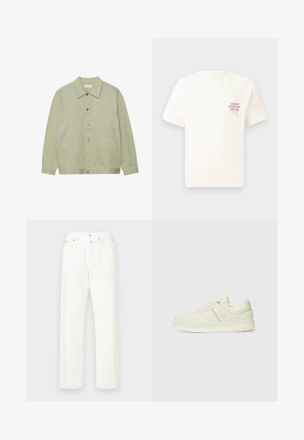 Ανοιχτό πράσινο, πουκάμισο με κουμπιά φτιαγμένο από βαμβάκι. Διαθέτει δύο μπροστά τσεπάκια και κλασικό γιακά. Υφασμάτινη υφή με λεία επιφάνεια.; Άσπρη κοντομάνικη μπλούζα με κόκκινο κείμενο "Studio Originals Edition" στο αριστερό στήθος, παρουσιασμένη σε ουδέτερο γκρι φόντο.; Άσπρα βαμβακερά τζιν με ίσια γραμμή και κουμπωτή ζώνη. Διαθέτει δύο μπροστινές τσέπες και διακριτικές πορτοκαλί ραφές. Λείος υφασμάτινος χαρακτήρας και κλασική γραμμή.; Αθλητικό παπούτσι σε κρέμα χρώμα με διάτρητη λεπτομέρεια, κορδόνια και λογότυπο στο πλάι, τοποθετημένο σε λευκό φόντο.
