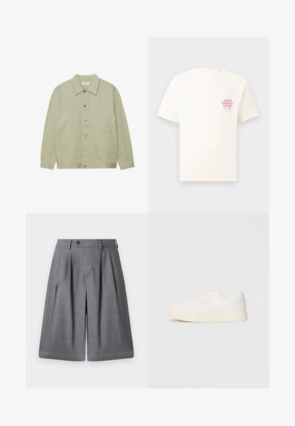 Light green, button-up jacket made of cotton. Features two front patch pockets and a classic collar. Textured fabric with a smooth finish.; White short-sleeve T-shirt with red text "Studio Originals Edition" on left chest, displayed on a neutral gray background.; Gray tailored shorts made from smooth fabric, featuring pleats, a button closure, and a crisp waistband for a structured fit.; White slip-on sneakers with a textured surface, a thick sole, and minimalistic design. Features brand logo on the side.