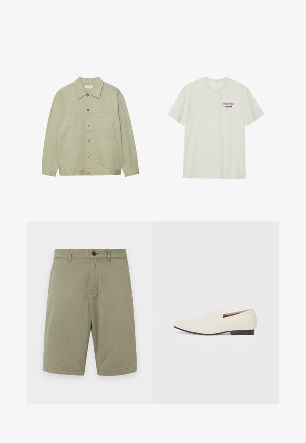 Veste boutonnée vert clair en coton. Possède deux poches plaquées à l'avant et un col classique. Tissu texturé avec une finition lisse.; T-shirt en coton crème clair avec des manches courtes. Présente un petit graphisme bleu et rouge d'un marlin avec le texte "MARLIN TROPHY".; Shorts en kaki en coton, dotés de passants de ceinture, d'un bouton avant et d'un design à l'avant plat avec une finition soignée et sans poches.; Mocassins beige clair avec un bout pointu, en matériau lisse, une sangle sur le devant et une semelle basse marron. Design simple avec des accents minimalistes.
