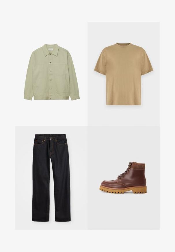 Hele roheline, nööbiga jope, mis on valmistatud puuvillast. Omab kahte ees olevat klapiga taskut ja klassikalist kraed. Tekstuuriga kangas, millel on sile viimistlus.; Khaki lühikeste varrukatega T-särk, mis on valmistatud pehmest kangast, ümara kaelusega ja mugava lõikega. Mustreid ega graafikat pole.; Meeste sirge jala mustad denim teksad viie taskuga, oranž õmblus, nupu ja tõmblukuga ees nagu vöökoht.; Pruunid nahast pahkluu saapad sametist aktsentidega, ümmargune varvas ja tekstureeritud kummist tallaosa. Omab metallist silmade ja lamedate paeltega.