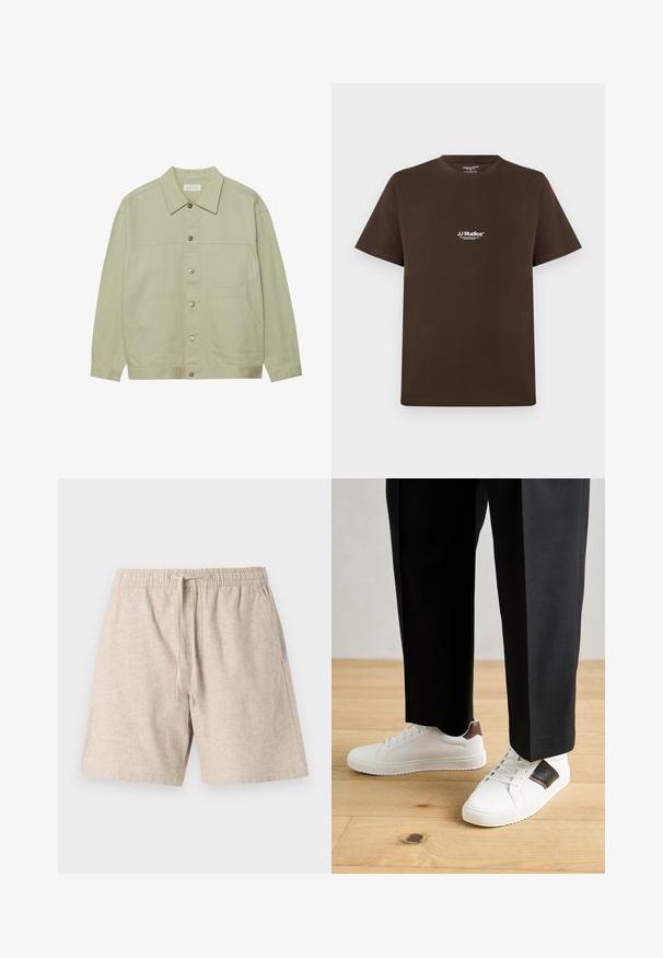 Lys grønn, knappet jakke laget av bomull. Har to frontlommer og en klassisk krage. Teksturert stoff med en glatt overflate.; Brun bomull t-skjorte med korte ermer, rund hals og en liten hvit logo på brystet. Glatt tekstur og vanlig passform.; Beige linshorts med elastisk midje, snörning, sidofickor och ett texturerat tyg. Avslappnad design, knä-length snitt.; Hvite sneakers med glatt tekstur, med brune skinnakenter og svart detaljer, parret med svarte skreddersydde bukser. Bakgrunn med tregulv.