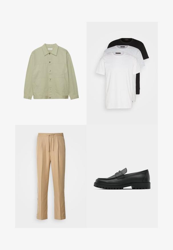 Světle zelená, zapínací bunda vyrobená z bavlny. Obsahuje dvě přední náprsní kapsy a klasický límeček. Texturovaná látka s hladkým povrchem.; Tři trička s kulatým výstřihem v bílé, světle šedé a černé barvě. Vyrobena z měkké bavlny, mají krátké rukávy a volný střih.; Světle béžové kalhoty z hladké tkaniny, s elastickým pasem na šňůrku, dvěma sklady vpředu a rovnými, volnými nohavicemi pro pohodlí.; Černé kožené mokasíny s kulatou špičkou, zdobené prošitím, s nízkou platformou a texturovanou gumovou podrážkou s drážkováním.