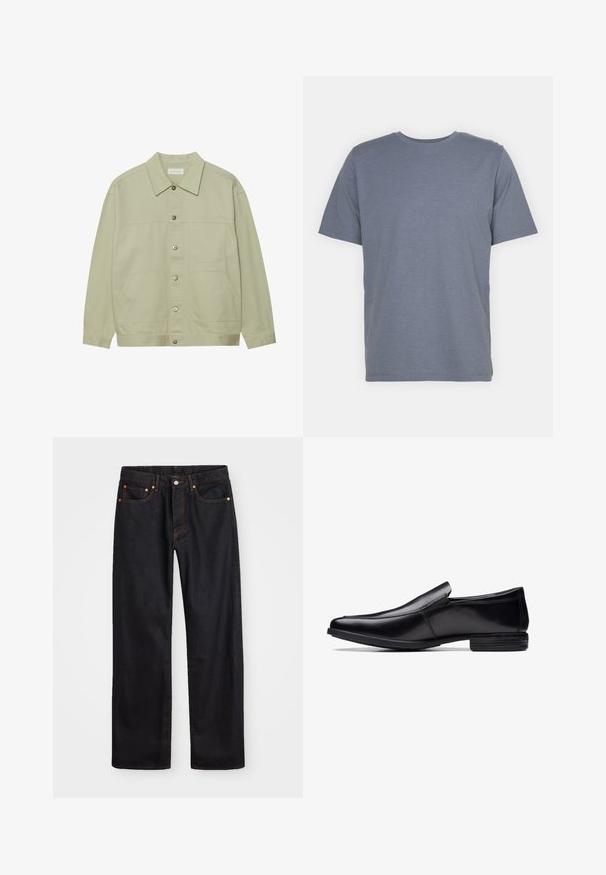 Lys grønn, knappet jakke laget av bomull. Har to frontlommer og en klassisk krage. Teksturert stoff med en glatt overflate.; Grå kortermet T-skjorte med rund hals, laget av myk bomullsblanding. Enkel design, ingen mønstre eller accenter.; Men's straight-leg svarte denim jeans med fem lommer og oransje søm, knapp og glidelås lukking foran på midjen.; Sorte skinn slip-on sko med spiss tå, polert finish, subtile sømdetaljer og lavprofil gummisåle.