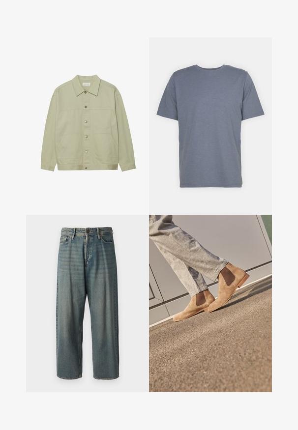 Světle zelená, zapínací bunda vyrobená z bavlny. Obsahuje dvě přední náprsní kapsy a klasický límeček. Texturovaná látka s hladkým povrchem.; Šedé tričko s krátkým rukávem a kulatým výstřihem, vyrobené z měkké bavlněné směsi. Jednoduchý design, bez vzorů nebo akcentů.; Světle modré denimové džíny s volným střihem, středně vysokým pasem a rovnými nohavicemi. Obsahují pět kapes, poutka na opasek a zapínání na knoflík.; Hnědé semišové Chelsea boty s elastickými postranními panely a hladkou béžovou gumovou podrážkou, obuté na světle šedých kalhotách na strukturovaném povrchu.