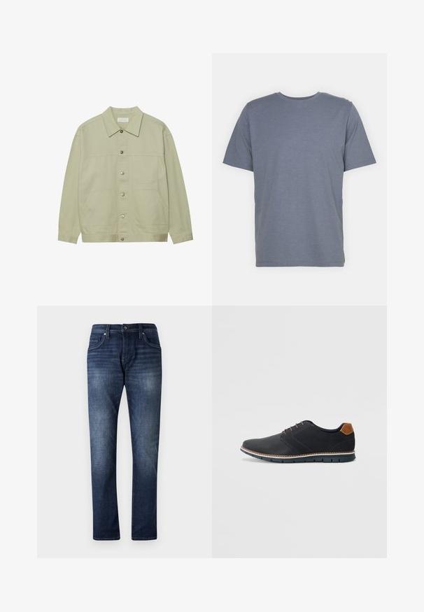 Hele roheline, nööbiga jope, mis on valmistatud puuvillast. Omab kahte ees olevat klapiga taskut ja klassikalist kraed. Tekstuuriga kangas, millel on sile viimistlus.; Hall hallitusest lühikeste varrukatega T-särk ümmarguse kaelusega, valmistatud pehmest puuvillasegusest kangast. Lihtne disain, ilma mustrite või aktsentideta.; Tumed sinise denimist teksapüksid otse jala disainiga, millel on pleekinud pesu, viis taskut ja nähtav niiditöö detailide nagu õmblused.; Mustavad sünteetilised jalatsid tekstureeritud pealsega, siledad aktsendid, pruun kand ja kontrastne tall. Omab minimaalset lukkude ja õmbluste dekoratsiooni.