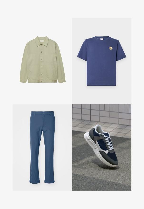 Veste boutonnée vert clair en coton. Possède deux poches plaquées à l'avant et un col classique. Tissu texturé avec une finition lisse.; T-shirt en coton bleu marine avec un col rond. Présente un petit graphique de soleil jaune sur la poitrine gauche. Manches courtes et coupe décontractée.; Pantalon bleu à jambe droite en tissu lisse avec fermeture à bouton et zip. Doté de poches latérales et d'un design épuré et taillé.; Baskets avec une tige en mesh bleu marine, des accents en suède gris, une semelle en caoutchouc blanc et des lacets plats blancs, conçues pour le confort et la respirabilité.