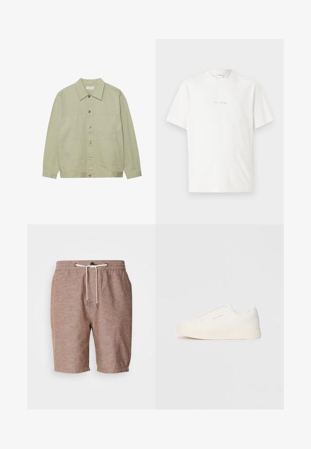 Light green, button-up jacket made of cotton. Features two front patch pockets and a classic collar. Textured fabric with a smooth finish.; White cotton t-shirt with a crew neck, short sleeves, and a small printed logo on the front. Smooth texture and relaxed fit.; Brown linen shorts with an elastic waistband, drawstring closure, and rolled hem. Features subtle texture and minimal design elements.; White slip-on sneakers with a textured surface, a thick sole, and minimalistic design. Features brand logo on the side.