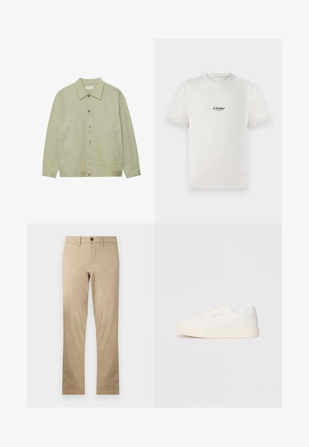 Ανοιχτό πράσινο, πουκάμισο με κουμπιά φτιαγμένο από βαμβάκι. Διαθέτει δύο μπροστά τσεπάκια και κλασικό γιακά. Υφασμάτινη υφή με λεία επιφάνεια.; Λευκό βαμβακερό μπλουζάκι με κοντά μανίκια, με μαύρο λογότυπο "JJ Studios" στο στήθος. Στρογγυλή λαιμόκοψη και κανονική εφαρμογή.; Μπεζ βαμβακερές chinos με ίσια γραμμή, με ένα μόνο καφέ κουμπί στη μέση και κανονικές μπροστινές και πίσω τσέπες.; Λευκά slip-on παπούτσια με υφή, παχύ πάτο και μινιμαλιστικό σχέδιο. Φέρει το λογότυπο της μάρκας στο πλάι.