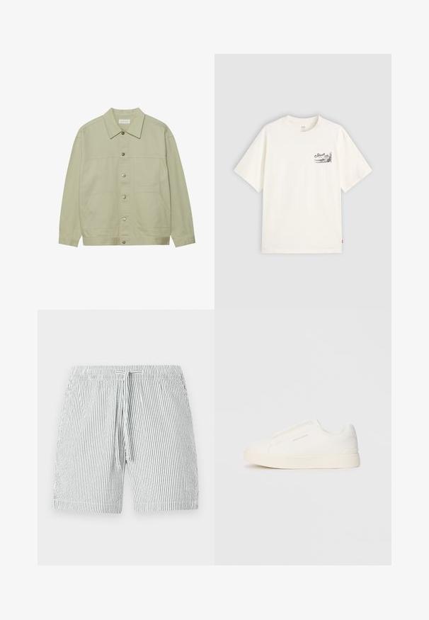 Jachetă de culoare verde deschis, cu nasturi, din bumbac. Dispune de două buzunare frontale și un guler clasic. Material texturat cu un finisaj neted.; Tricou alb cu mânecă scurtă, fabricat din bumbac, având un design grafic negru în zona stângă a pieptului, cuvântul "Fresh".; Trunchi de înot cu dungi în gri și alb, cu un elastic la talie, design de lungime medie și material moale, ușor.; Tenisi albi slip-on cu o suprafață texturată, talpă groasă și un design minimalist. Prezintă logo-ul brandului pe lateral.