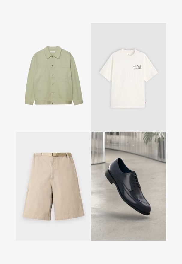 Svetlozelena, jakna na gumb iz bombaža. Ima dva sprednja žepa in klasičen ovratnik. Teksturo ima s smooth koncem.; Bela kratka majica iz bombaža s črno grafiko na levem prsnem predelu, ki vsebuje besedo "Fresh."; Bež bombažne kratke hlače z pasom, s ravnim krojem, stranskimi žepi in ojačanim šivanjem na šivih. Gladka tekstura po celotni površini.; Svetleče črne usnjene čevlje za obleko z vezalkami, ki lebdi nad gladko, svetlo sivo tlemi ter vertikalnimi kovinskimi palicami v ozadju.