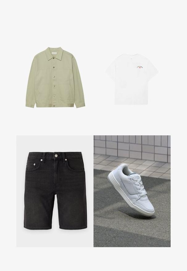 Chaqueta de algodón de color verde claro, con botones. Presenta dos bolsillos de parche en la parte frontal y un collar clásico. Tejido texturizado con un acabado suave.; Camiseta blanca de algodón con mangas cortas, cuello redondo y un pequeño gráfico que dice "LA VILLE LUMIÈRE" en negro y rojo en la parte superior de la espalda.; Shorts de mezclilla negra con un diseño clásico de cinco bolsillos, botón de metal y sutiles detalles de costura. Textura suave, ajuste hasta la rodilla.; Zapatilla blanca de cuero con lados perforados, acentos texturizados, cordones planos y un talón gris en contraste. Presenta una suela ligeramente elevada.