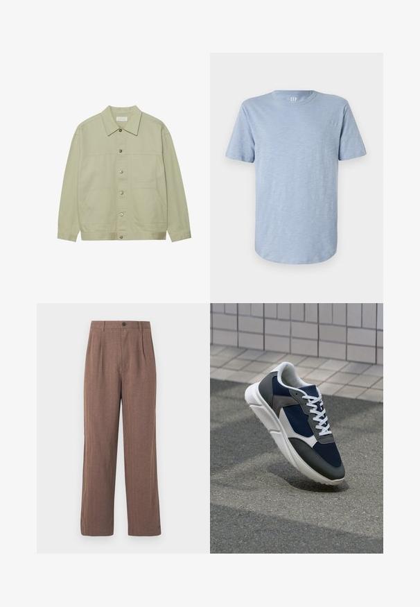 Jachetă de culoare verde deschis, cu nasturi, din bumbac. Dispune de două buzunare frontale și un guler clasic. Material texturat cu un finisaj neted.; Tricou scurt cu mânecă scurtă, de culoare albastru deschis, realizat dintr-un material moale, cu guler rotund și tiv drept, având o textură subtilă.; Pantaloni largi, de culoare maro, confecționați dintr-un material texturat, cu pliuri și închidere cu buton în talie. Design adaptat cu linii curate.; Adidași cu un uppers din plasă albastră închisă, accente din suede gri, talpă din cauciuc alb și șireturi plate albe, concepuți pentru confort și respirabilitate.