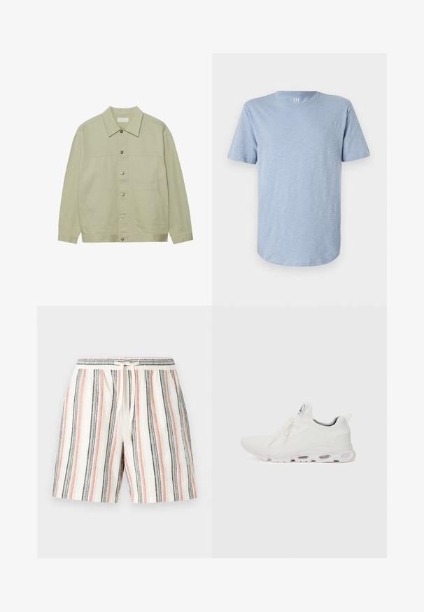 Light green, button-up jacket made of cotton. Features two front patch pockets and a classic collar. Textured fabric with a smooth finish.; Light blue short-sleeve T-shirt made from soft fabric, featuring a crew neckline and a straight hem with a subtle texture.; Striped shorts made of lightweight fabric, featuring vertical stripes in white, pink, gray, and black, with an elastic waistband and drawstring.; White athletic shoes featuring a textured knit upper, flat laces, and a cushioned sole with visible air chambers for added support.