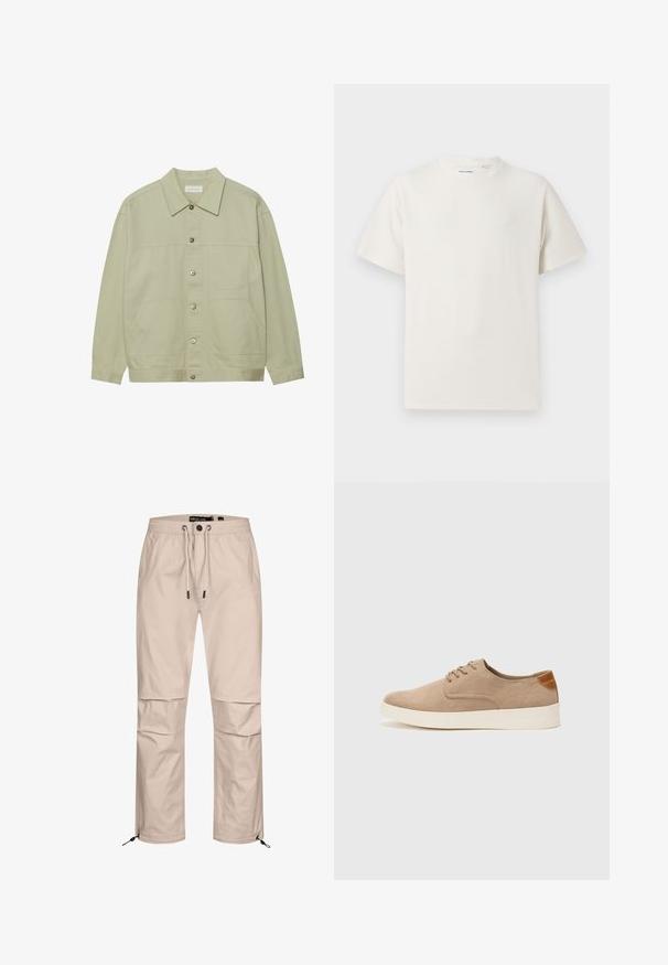 Hellgrüne, kurzärmelige Jacke mit Knöpfen aus Baumwolle. Verfügt über zwei aufgesetzte Taschen auf der Vorderseite und einen klassischen Kragen. Strukturiert mit einer glatten Oberfläche.; Weißes T-Shirt mit kurzen Ärmeln in gerippter Textur. Runder Ausschnitt, lockere Passform, keine sichtbaren Muster oder Akzente. Einfaches und vielseitiges Design.; Helle beigefarbene Cargo-Hosen mit elastischem Bund, verstellbarem Kordelzug und Reißverschluss an den Unterschenkeln. Glattes Material mit Seitentaschen.; Beige Wildleder-Sneaker mit runder Zehenpartie, Schnürung und strukturiertem Rückenteil. Die weiße Gummisohle sorgt für einen Kontrast. Einfaches und modernes Design.