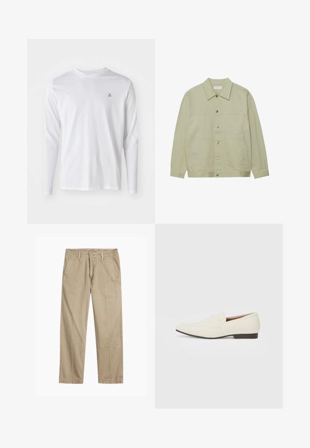 Lys grønn, knappet jakke laget av bomull. Har to frontlommer og en klassisk krage. Teksturert stoff med en glatt overflate.; Langermet hvit bomullsskjorte med rund halslinning og en liten "M OP"-logo i mørkeblått på venstre bryst. Glatt tekstur.; Beige straight-leg chinos med beltehemper, frontlukking med knapp og glidelås, og skrå frontlommer.; Lyse beige loafers med spiss tå, glatt materiale, en stropp over vampsen, og en lav brun såle. Enkel design med minimale detaljer.