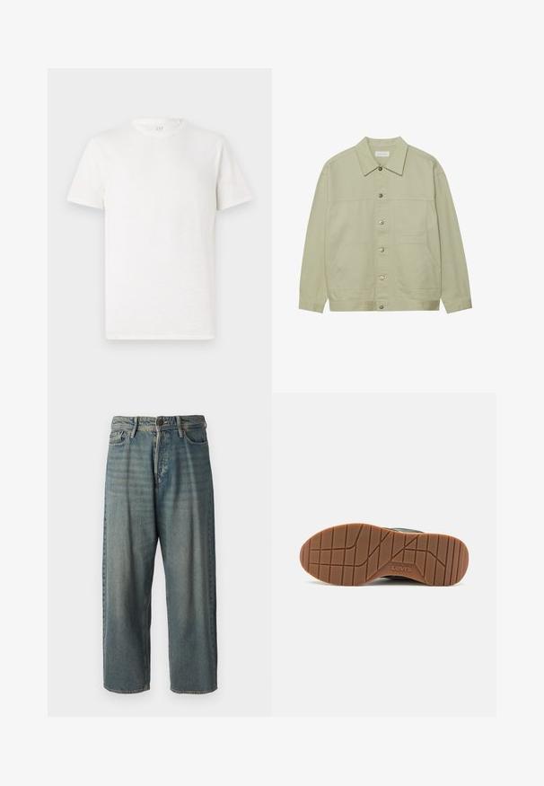 Vaaleanvihreä, napitettava takki, joka on valmistettu puuvillasta. Siinä on kaksi etupaneelipokkia ja klassinen kaulus. Teksturoitu kangas, jolla on sileä pinta.; Lyhythihainen, pyöreäkauluksinen t-paita luonnonvalkoisena, valmistettu pehmeästä puuvillasekoitteesta, jossa on hieman teksturoitu pinta ja ilman näkyviä kuvioita tai yksityiskohtia.; Vaaleansiniset farkut, joissa on väljä istuvuus, keskikorkea vyötärö ja suorat lahkeet. Ominaisuuksiin kuuluvat viisi taskua, vyölenkit ja nappisulku.; Levi's musta lenkkari, jossa on kumipohja, jossa on teksturoitu kuvio ja ruskea-tan ulkopohja, varustettu brändin nimellä.