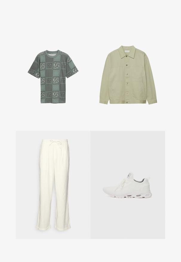 Hele roheline, nööbiga jope, mis on valmistatud puuvillast. Omab kahte ees olevat klapiga taskut ja klassikalist kraed. Tekstuuriga kangas, millel on sile viimistlus.; Roheline mustriga T-särk, mis on valmistatud pehmest kangast, esindab erinevates varjundites geomeetrilisi ja paisleymustreid ruudustikuga osades.; Lina püksid tühjas valges, millel on paelaga vöökoht, veidi laiemad sääred ja keeratud varrud mugavaks istumiseks. Taskud puuduvad.; Valged sportijalatsid, millel on tekstuuriga kudum peal, lame paelad ja pehmendatud tallad nähtavate õhukambritega täiendava toe jaoks.