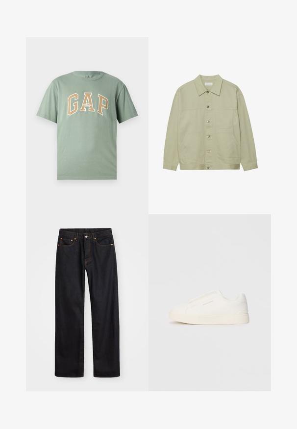 Lyst grønn, knap-ophængt jakke lavet af bomuld. Har to forretningslomme og en klassisk krave. Struktureret stof med en glat overflade.; Grøn bomulds T-shirt med et stort hvidt og beige "GAP" logo. Korte ærmer og rund halsudskæring med en glat tekstur.; Mænds lige ben sorte denim jeans med fem lommer og orange syninger, knap- og lynlåslukning foran på taljen.; Hvide slip-on sneakers med en struktureret overflade, en tyk sål og et minimalistisk design. Har brandlogoet på siden.