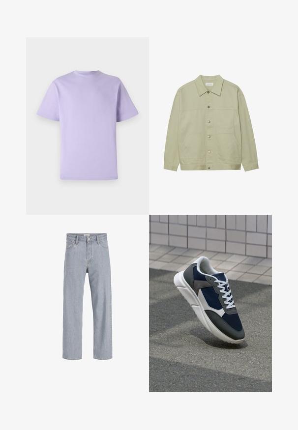 Veste boutonnée vert clair en coton. Possède deux poches plaquées à l'avant et un col classique. Tissu texturé avec une finition lisse.; T-shirt en coton lavande à manches courtes, col rond et coupe ample. Texture lisse, sans motifs ni embellissements.; Jean en denim bleu clair avec une coupe décontractée,à jambe droite, coutures visibles, deux poches avant et fermeture par bouton.; Baskets avec une tige en mesh bleu marine, des accents en suède gris, une semelle en caoutchouc blanc et des lacets plats blancs, conçues pour le confort et la respirabilité.