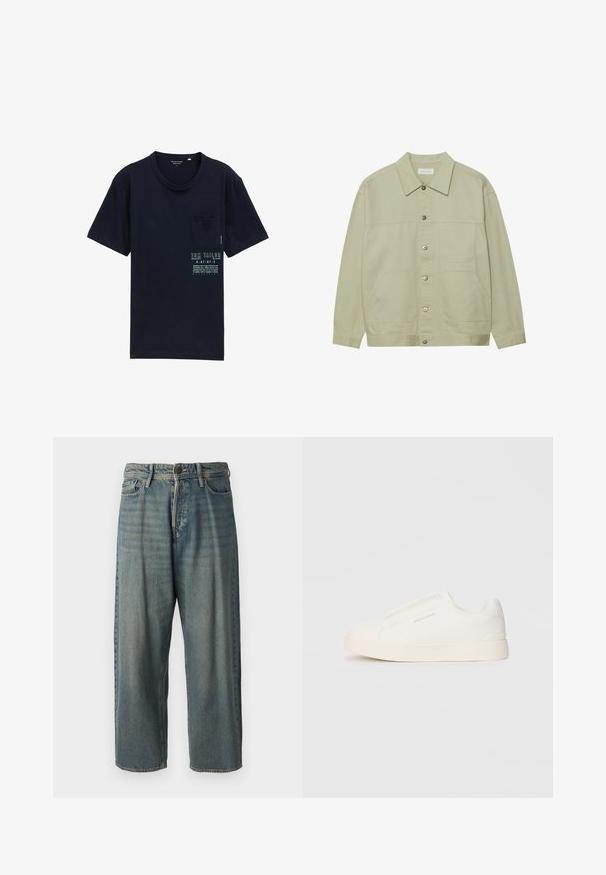 Gaiši zaļš, pogājams jaciņa, izgatavota no kokvilnas. Satur divas priekšējās kabatas un klasisku apkakli. Audums ar tekstūru un gludu apdari.; Tumš zilas kokvilnas t-krekls ar apaļu kaklu, īsām piedurknēm, kreisajā krūtī kabatu, un priekšpusē drukātu logotipu un tekstu kontrastējošās gaismās krāsās.; Gaiši zili džinsi ar brīvu piegriezumu, vidējo jostas augstumu un taisnām kājām. Satur piecas kabatas, jostas cilpas un pogu aizdari.; Baltas slip-on sporta apavi ar teksturētu virsmu, biezu zoli un minimālistisku dizainu. Sānos redzams zīmola logotips.