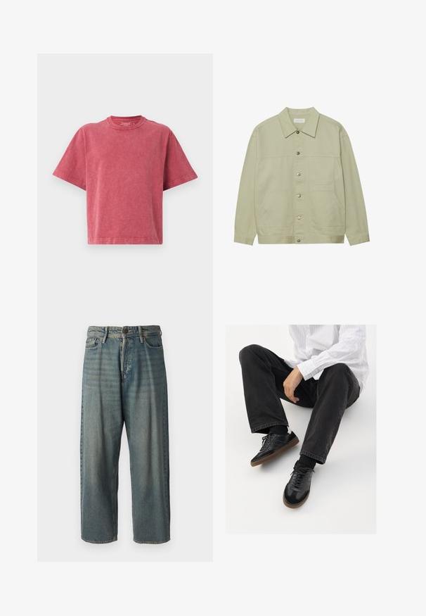 Light green, button-up jacket made of cotton. Features two front patch pockets and a classic collar. Textured fabric with a smooth finish.; Red cotton t-shirt with a crew neckline, short sleeves, and a relaxed fit. Features a soft, slightly textured finish.; Light blue denim jeans with a loose fit, mid-rise waist, and straight legs. Features five pockets, belt loops, and a button closure.; Black sneakers with a smooth and textured upper, featuring a rubber sole and dark laces. Paired with black jeans and a white striped shirt.