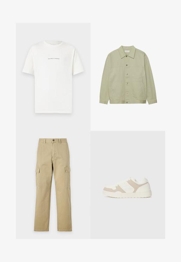 Lys grønn, knappet jakke laget av bomull. Har to frontlommer og en klassisk krage. Teksturert stoff med en glatt overflate.; Hvit bomull t-skjorte med korte ermer og rund hals. Midt på t-skjorten står teksten "VELKOMMEN TIL PARADIS" i en buet grønn skrift.; Beige cargo bukser laget av bomull, med to sidelommer, knappelukking, og rette ben med et lett strukturert stoff.; Hvit og beige sneaker med en kombinasjon av glatt og semsket tekstur, rund tå, snøring og en flat gummisåle.