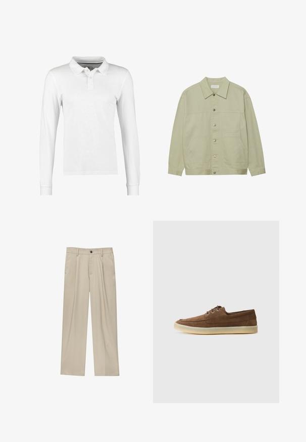 Világos zöld, gombos dzseki pamutból. Két elülső foltvarrásos zseb és klasszikus gallér jellemzi. Texturált anyag, sima felülettel.; Fehér pamut hosszú ujjú póló, galléros nyakkal, háromgombos gombolással és sima, minta vagy díszítés nélküli textúrával.; Beige egyenes szárú nadrág, egy fekete gombbal, övhurkokkal és oldalzsebekkel. Sima szövettextúra és minimális design.; Barna velúr cipők alacsony profillal, fűzős kialakítással, gumitalppal és kontrasztos varrási részletekkel. Egyszerű és funkcionális stílus.