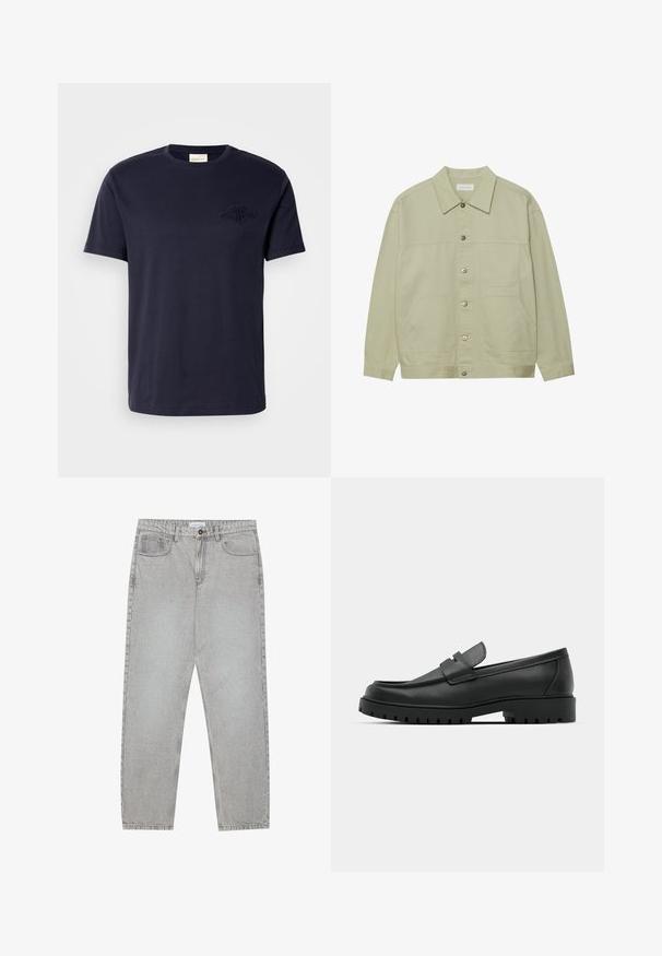 Vaaleanvihreä, napitettava takki, joka on valmistettu puuvillasta. Siinä on kaksi etupaneelipokkia ja klassinen kaulus. Teksturoitu kangas, jolla on sileä pinta.; Laivastonsininen puuvillapaita, jossa on lyhyet hihat, pyöreä kaula-aukko ja brodeerattu logo rinnassa. Pehmeä rakenne, suora leikkaus, minimalistinen muotoilu.; Vaaleanharmaat farkut, joissa on suora lahje, viisi taskua ja nappisulku. Saumojen varrella näkyvä ompelu.; Musta nahkaloafers, joissa on pyöreä kärki, ommeltu pinta, matala alusta ja kuvioitu, kuminen ulkopohja.