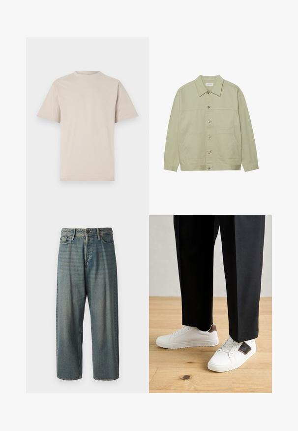 Veste boutonnée vert clair en coton. Possède deux poches plaquées à l'avant et un col classique. Tissu texturé avec une finition lisse.; T-shirt beige à manches courtes, col rond, en tissu coton lisse, avec une coupe décontractée et sans motifs ni embellissements visibles.; Jeans en denim bleu clair avec une coupe ample, taille mi-haute et jambes droites. Comprend cinq poches, des passants de ceinture et une fermeture à bouton.; Des sneakers blanches au texture lisse, avec des accents en cuir marron et des détails noirs, assorties à un pantalon noir ajusté. Fond en parquet.