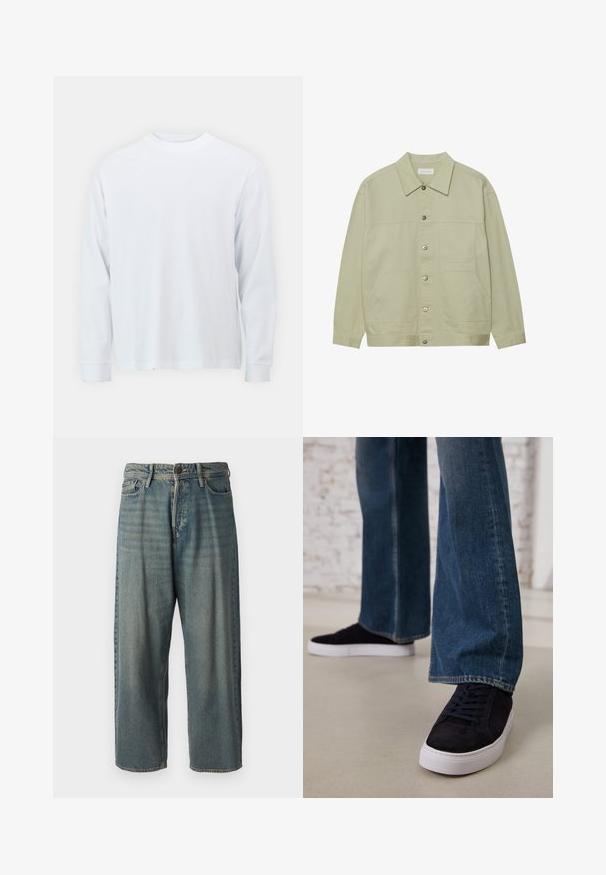 Világos zöld, gombos dzseki pamutból. Két elülső foltvarrásos zseb és klasszikus gallér jellemzi. Texturált anyag, sima felülettel.; Hosszú ujjú, fehér pamut póló, környakú szabással és egyenes végkivágással. Simára finomított textúra, egyszerű, minta és kiegészítések nélküli dizájn.; Világoskék farmernadrág, laza fazonnal, közepes derékbőséggel és egyenes szárral. Öt zsebet, övbucskát és gombos záródást tartalmaz.; Sötétkék velúr sportcipők fehér gumitalppal és fűzőkkel, széles szárú farmernadrággal, közepes kék mosással párosítva.