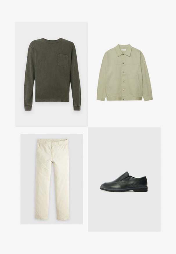 Lys grønn, knappet jakke laget av bomull. Har to frontlommer og en klassisk krage. Teksturert stoff med en glatt overflate.; Langermet skjorte i mørk olivengrønn, laget av mykt materiale, med rund hals og brystlomme. Glatt tekstur, avslappet passform.; Lys beige løse bukser med tre lommer, beltestropper og rett ben-design. Laget av et mykt bomullsblandingsstoff.; Sorte skinn slip-on sko med en jevn overflate, stikking detaljer, rund tå og en lav gummihæl. Sålen har minimal mønstring.