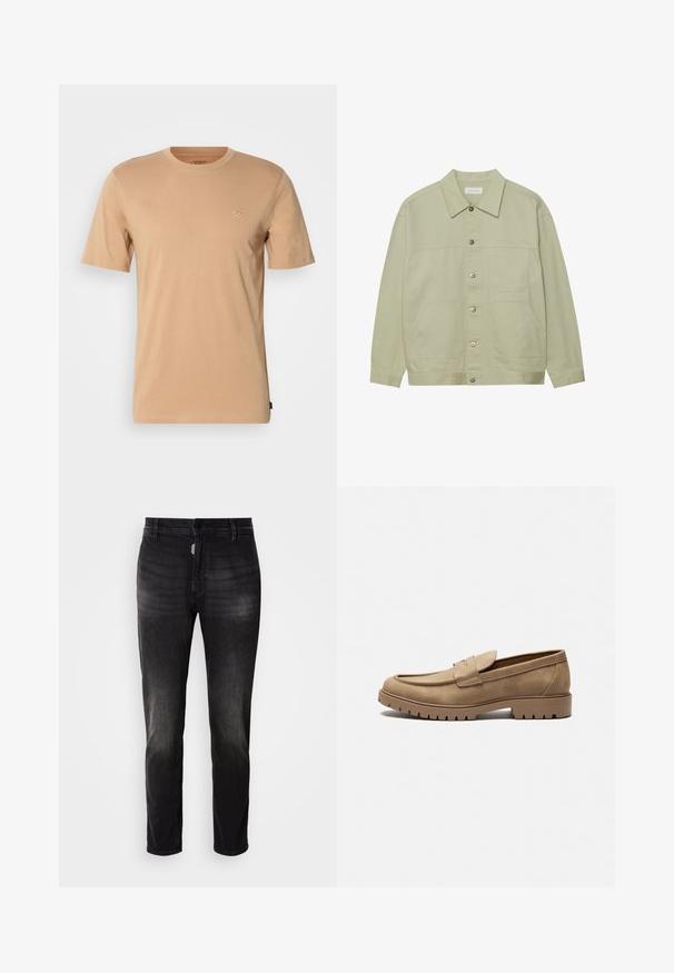 Veste boutonnée vert clair en coton. Possède deux poches plaquées à l'avant et un col classique. Tissu texturé avec une finition lisse.; T-shirt en coton brun clair avec des manches courtes, un col rond et un petit logo sur la poitrine gauche. Texture douce et coupe standard.; Jean en denim noir à coupe droite, avec une fermeture à bouton, cinq poches et un léger dégradé dans la texture du tissu.; Mocassins en daim beige avec un bout arrondi, semelle en caoutchouc plate et coutures décoratives sur la tige. Dispose d'un design à enfiler sans lacets.