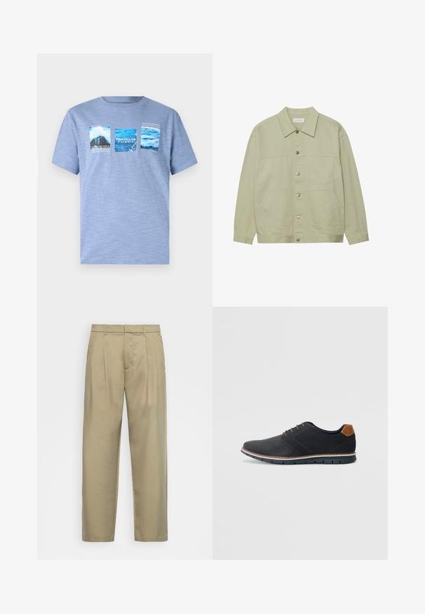 Světle zelená, zapínací bunda vyrobená z bavlny. Obsahuje dvě přední náprsní kapsy a klasický límeček. Texturovaná látka s hladkým povrchem.; Světle modré tričko s krátkým rukávem vyrobené z měkké tkaniny, zdobené třemi grafickými potisky zobrazujícími vodu a krajiny s textovými detaily.; Beige kalhoty s vysokým pasem a rovnýmlíčkem, s plochým předním dílem, bočními kapsami a hladkým, strukturovaným materiálem.; Černé syntetické boty s texturovaným svrškem, hladkými detaily, hnědým podpatkem a kontrastní podrážkou. Obsahují minimální šněrování a švy.