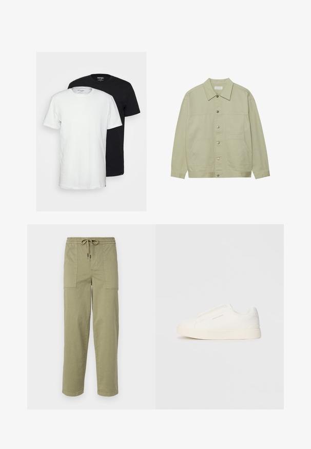 Jachetă de culoare verde deschis, cu nasturi, din bumbac. Dispune de două buzunare frontale și un guler clasic. Material texturat cu un finisaj neted.; Două tricouri din bumbac, unul alb și unul negru, având un design clasic cu guler rotund. Ambele au mâneci scurte și o croială lejeră.; Pantaloni de culoare verde măslin deschis, confecționați dintr-un amestec de bumbac, cu un tiv elastic și șnur, și două buzunare laterale mari.; Tenisi albi slip-on cu o suprafață texturată, talpă groasă și un design minimalist. Prezintă logo-ul brandului pe lateral.