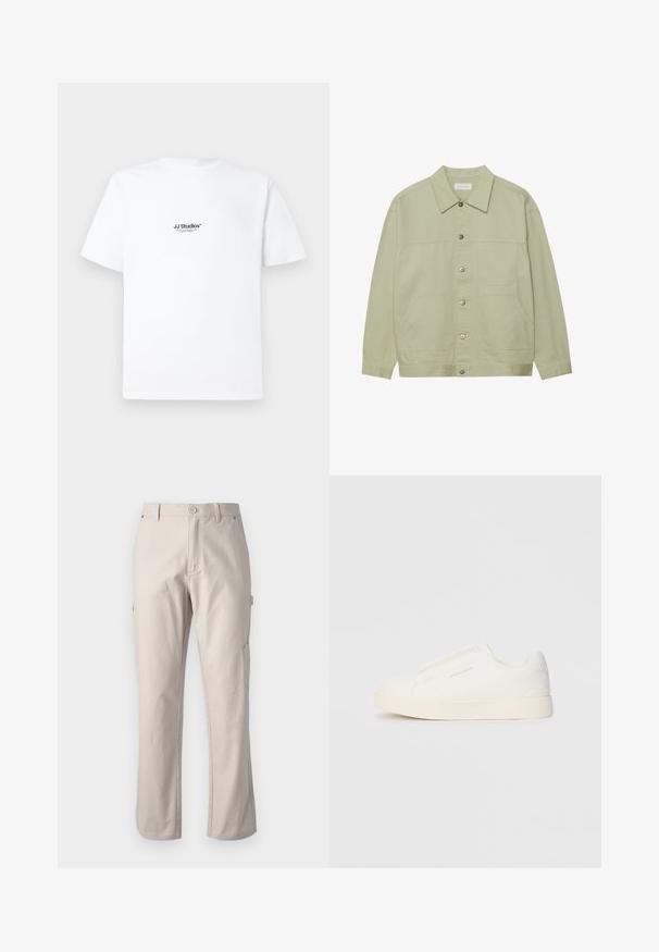 Lys grønn, knappet jakke laget av bomull. Har to frontlommer og en klassisk krage. Teksturert stoff med en glatt overflate.; Hvit bomull t-skjorte med korte ermer. Har en liten svart logo tekst "JJ Studios" på brystet. Enkel, uornamentert design.; Beige cargo bukser laget av slitesterk bomull med rette ben, frontlukking med knapp og sidelommer for nytte. Jevn tekstur med subtile sømmer.; Hvite slip-on joggesko med teksturert overflate, tykk såle og minimalistisk design. Har merkevarelogo på siden.