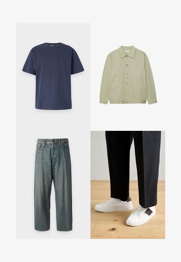 Jachetă de culoare verde deschis, cu nasturi, din bumbac. Dispune de două buzunare frontale și un guler clasic. Material texturat cu un finisaj neted.; Tricou din bumbac bleu marin, cu guler rotund și mâneci scurte. Textură netedă, croi drept și cusături minime, oferind un design clasic.; Jeans din denim bleu deschis, cu o croială lejeră, talie medie și picioare drepte. Au cinci buzunare, bucle pentru curea și închidere cu nasture.; Sneakers albe cu textură netedă, având accente din piele maro și detalii negre, asociate cu pantaloni negri pe măsură. Fundal din podea din lemn.