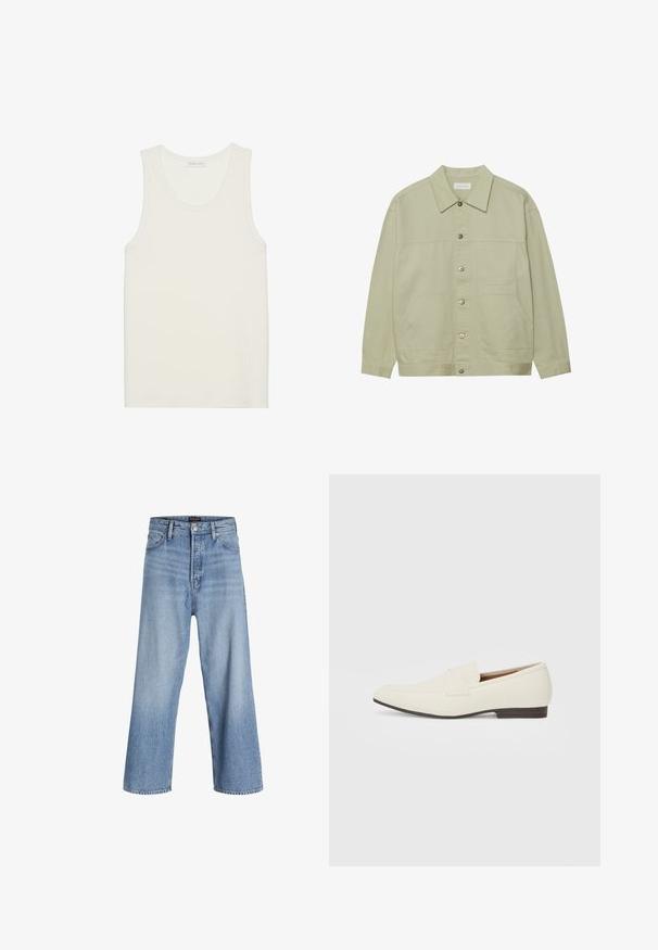 Lys grønn, knappet jakke laget av bomull. Har to frontlommer og en klassisk krage. Teksturert stoff med en glatt overflate.; Ribbete hvit tanktop med rund halslinning og brede skulderstropper, laget av et mykt, teksturert stoff, med en rett nederkant.; Lys blå denim vide bukser med høj talje, der har en knaplukning, fem-lomme design og subtilt slidte områder. Rette kanter.; Lyse beige loafers med spiss tå, glatt materiale, en stropp over vampsen, og en lav brun såle. Enkel design med minimale detaljer.