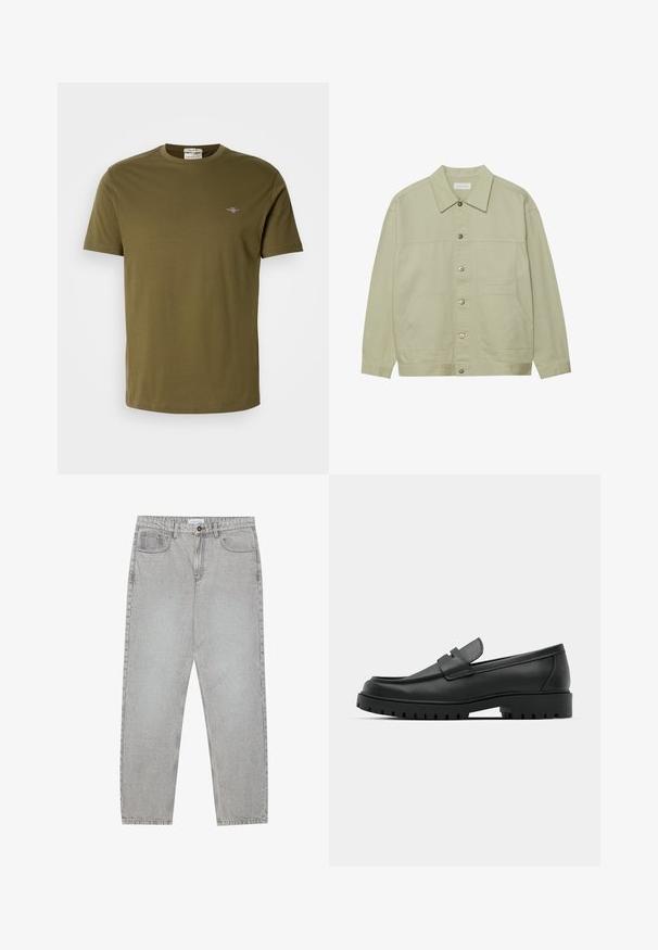 Světle zelená, zapínací bunda vyrobená z bavlny. Obsahuje dvě přední náprsní kapsy a klasický límeček. Texturovaná látka s hladkým povrchem.; Olive zelené tričko s krátkým rukávem vyrobené z bavlny, s kulatým výstřihem a malým vyšitým logem na hrudi. Hladká textura.; Světlé šedé džíny s rovnými nohavicemi, pět kapsami a knoflíkovým zapínáním. Viditelné švy podél švů.; Černé kožené mokasíny s kulatou špičkou, zdobené prošitím, s nízkou platformou a texturovanou gumovou podrážkou s drážkováním.