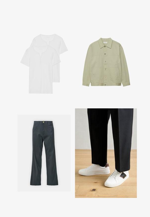 Light green, button-up jacket made of cotton. Features two front patch pockets and a classic collar. Textured fabric with a smooth finish.; Two white short-sleeve t-shirts made of soft cotton, featuring a henley neckline with two buttons and a regular fit.; Black pants with a straight leg cut, made from cotton blend fabric. Features a metal button closure and side pockets. No visible patterns.; White sneakers with smooth texture, featuring brown leather accents and black detailing, paired with black tailored pants. Wooden floor background.