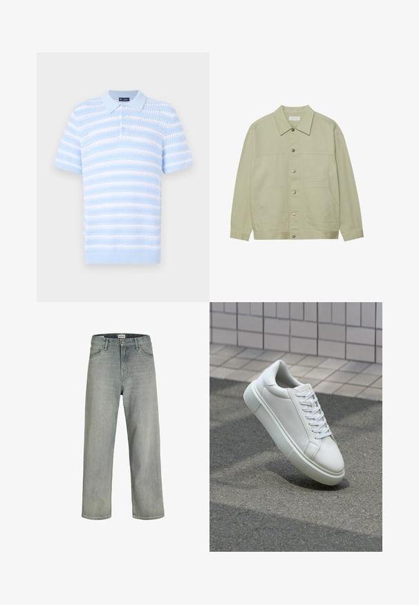 Light green, button-up jacket made of cotton. Features two front patch pockets and a classic collar. Textured fabric with a smooth finish.; Light blue polo shirt with short sleeves, featuring horizontal stripes and textured pattern. Button placket and ribbed collar detail.; Light gray, loose-fitting jeans made of denim. Features a classic five-pocket design, belt loops, and a straight leg silhouette.; White leather sneaker with a smooth surface, round toe, and flat white laces. Features a textured rubber sole and minimal design elements.