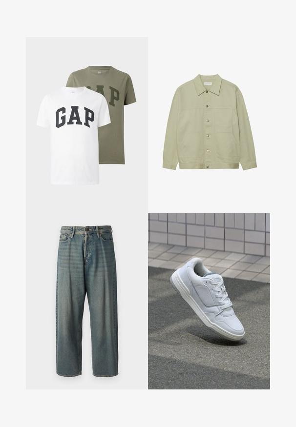 Šviesiai žalia, mygtukais užsegama striukė, pagaminta iš medvilnės. Pasižymi dviem priekinėmis kišenėmis ir klasikiniu aplankalu. Tekstūruotas audinys su lygiu paviršiumi.; Du skirtingi trumpų rankovių marškiniai su apvalia iškirpte, vieni balti, kiti alyvuogių spalvos, kiekvieni su užrašu "GAP" didelėmis šrifto raidėmis per krūtinę.; Šviesiai mėlyni džinsai su laisvu siluetu, vidutinio aukščio juosmeniu ir tiesiomis kojomis. Su penkiais kišenėmis, diržo kilpo ir mygtukų uždarymu.; Baltos odinės sportinės bateliai su perforuotais šonais, tekstūruotais akcentais, plokščiomis raištelėmis ir kontrastingu pilku kulnu. Yra šiek tiek pakelti padas.