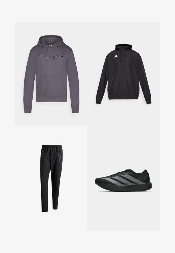Schwarze Sportjacke aus leichtem Material. Verfügt über eine Kapuze, einen Reißverschluss und elastische Bündchen. Weißes Logo auf der oberen linken Seite.; Grauer Kapuzenpullover mit Kordelzug, ausgestattet mit einem großen schwarzen "Champion"-Logo auf der Vorderseite und einer Kängurutasche. Mit Bündchen an den Ärmeln.; Schwarze Sporthose mit elastischem Bund, zwei Reißverschlusstaschen an den Seiten, schmal zulaufenden Beinen und einem dezenten Logo-Detail an der Hüfte.; Schwarze Sportschuhe mit einem leichten Design, ausgestattet mit drei auffälligen grauen Streifen, einer glatten Textur und einer konturierten Sohle.