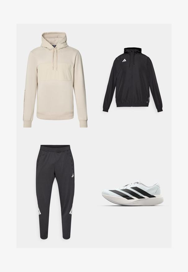 Sort atletisk jakke lavet af letvægtsmateriale. Har hætte, lynlås lukning og elastiske manchetter. Hvidt logo på øverste venstre side.; Beige hættebluse med en tekstureret frontpanel, lange ærmer og lige kant. Snore tilknyttet hætten.; Sorte atletikbukser med smalle ben, elastisk taljebånd, sidelommer og hvide logoer samt stribedetaljer. Fremstillet af et glat, let materiale.; Letvægtige løbesko i lys blå med sorte striber. Har en glat overdel, rund tå og tyk hvid mellemsål mærket "LIGHTSTRIKE PRO."