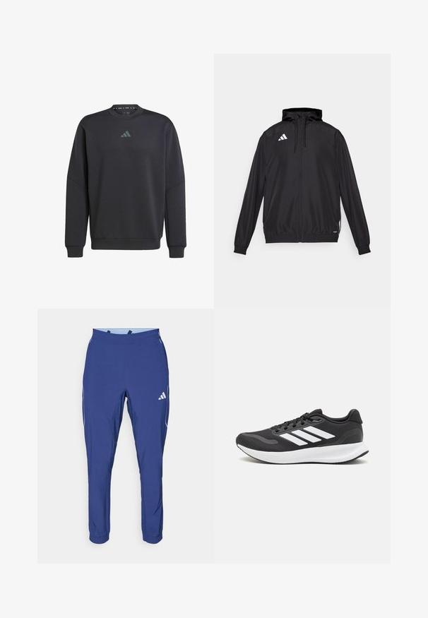 Svart träningsjacka gjord av lättviktsmaterial. Har huva, dragkedjestängning och elastiska ärmslut. Vit logotyp på övre vänstra sidan.; Svart sweatshirt i mjukt material, med rundad halsringning, ribbade ärmavslut och en diskret Adidas-logotyp i mörkgrått på bröstet.; adidas Performance TECH APP - Träningsbyxor - dark blue/glow blue; Svart atletisk sko med andningsbar mesh-överdel, vita detaljer och en dämpad sula. Har tre ränder logo på sidan.