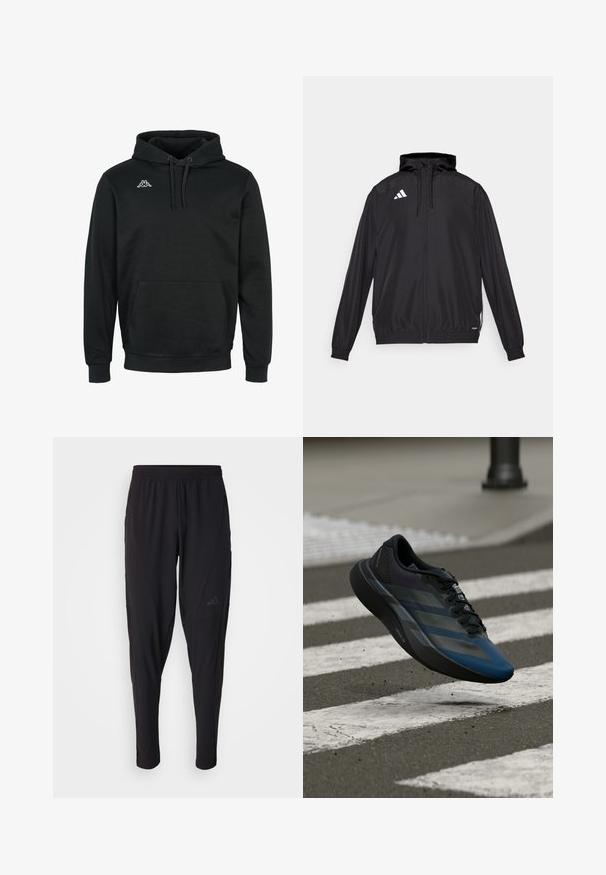 Must värvi sportlik jakk, mis on valmistatud kergest materjalist. Omab kapuutsit, lukuga sulgemist ja elastseid mansette. Valge logo ülemisel vasakul küljel.; Musta kapuutsiga pusa, mis on valmistatud pehmest kangast, esise tasku, reguleeritava kapuutsi, soonikkraed ja rindkere peal väike valge logo.; Mustad mustat spordipüksid elastse vöökohtaga, kitseneva disaini, küljetaskute ja peene logodetailiga. Valmistatud paindlikust ja hingavast kangast.; Must ja sinine spordijalats voolava disainiga, millel on tekstureeritud üliskihiga, kontrastsed triibud ja pehme tallaga, hõljumas asfaldipinna kohal.