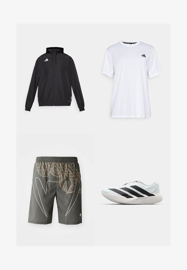 Casaco desportivo preto feito de material leve. Apresenta um capuz, fecho de correr e punhos elásticos. Logótipo branco no lado superior esquerdo.; Camiseta atlética branca de mangas curtas, feita de tecido que absorve a humidade. Apresenta um logótipo preto no lado esquerdo do peito e um decote interior com padrão.; Calções de desporto cinzentos com um padrão de pele de cobra em bege e brancos. Cintura elástica, até ao joelho, tecido leve.; Tênis de corrida leves em azul pálido com riscas pretas. Apresentam um cabedal liso, bico redondo e uma entressola espessa branca rotulada como "LIGHTSTRIKE PRO."