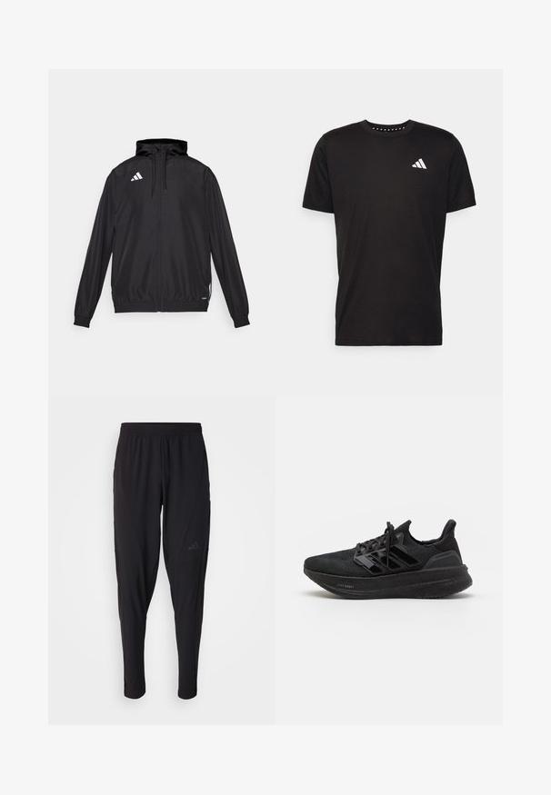 Juodas sportinis švarkas, pagamintas iš lengvos medžiagos. turi gobtuvą, užtrauktuką ir elastingas rankoves. Balta logo kairėje viršutinėje pusėje.; Juodas medvilnės marškinėliai trumpomis rankovėmis, su apvalia iškirpte ir balta logo kairiajame krūtinės šone. Lygus tekstūra ir paprastas dizainas.; Juodos sportinės kelnės su elastinga juosmeniu, siaurėjantis dizainas, šoninės kišenės ir subtilus logotipo detalė. Pagamintos iš lankstaus, kvėpuojančio audinio.; Juodos sportinės bateliai su tekstūruotu mezginiu viršuje, trimis blizgiais dryžiais, lengvu putų padu ir sustiprintu kulnu. Pasižymi raištelių dizainu.