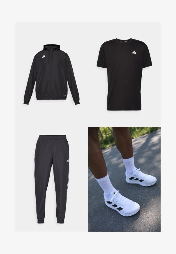 Juodas sportinis švarkas, pagamintas iš lengvos medžiagos. turi gobtuvą, užtrauktuką ir elastingas rankoves. Balta logo kairėje viršutinėje pusėje.; Juodas medvilnės marškinėliai trumpomis rankovėmis, su apvalia iškirpte ir balta logo kairiajame krūtinės šone. Lygus tekstūra ir paprastas dizainas.; Juodi sportiniai kelnių su elastinga juosta, šoninėse pusėse yra baltos juostos, o ant klubų yra mažas logotipas. Lygi tekstūra.; Baltos sportinės bateliai su juodais akcentais, tinklinė viršutinė dalis ir baltos raišteliai. Dėvimi su baltais klasikinių kojinių, išdėstyti ant betoninės paviršiaus.